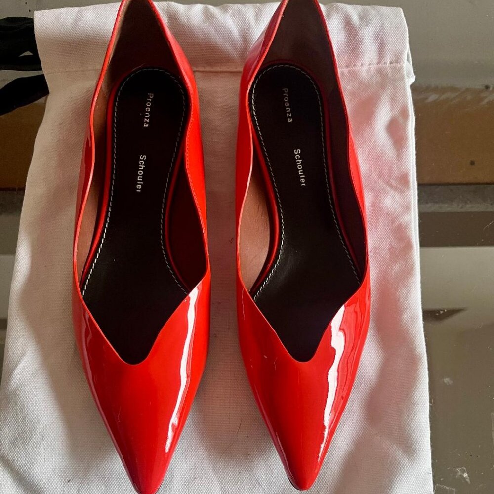 Proenza Schouler Firery Red Orange Patent Flats with zig zag cut out design